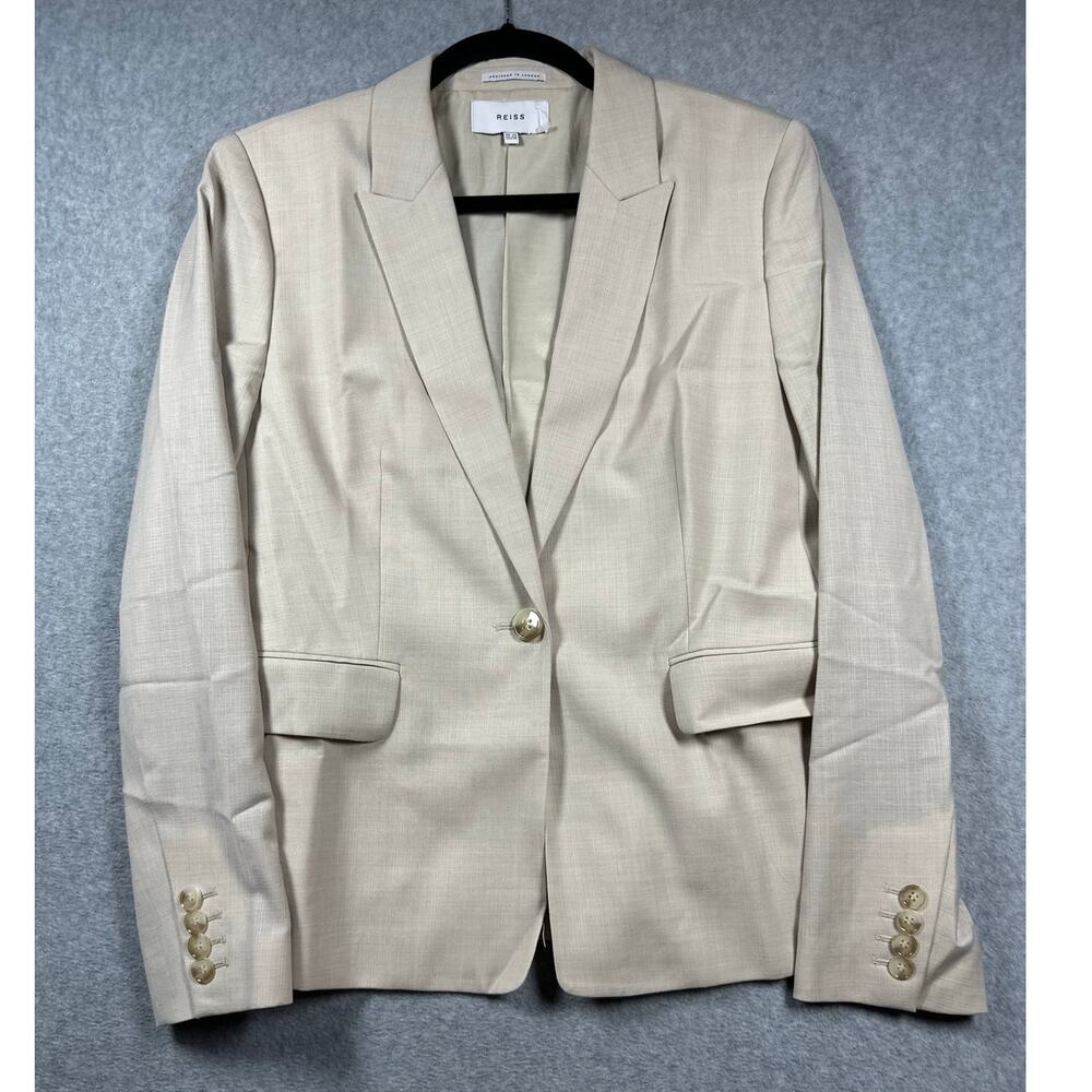 Reiss Wool Blend Blazer Jacket Women's Size 10 Beige Single Breasted Peak Lapel - Picture 2 of 8